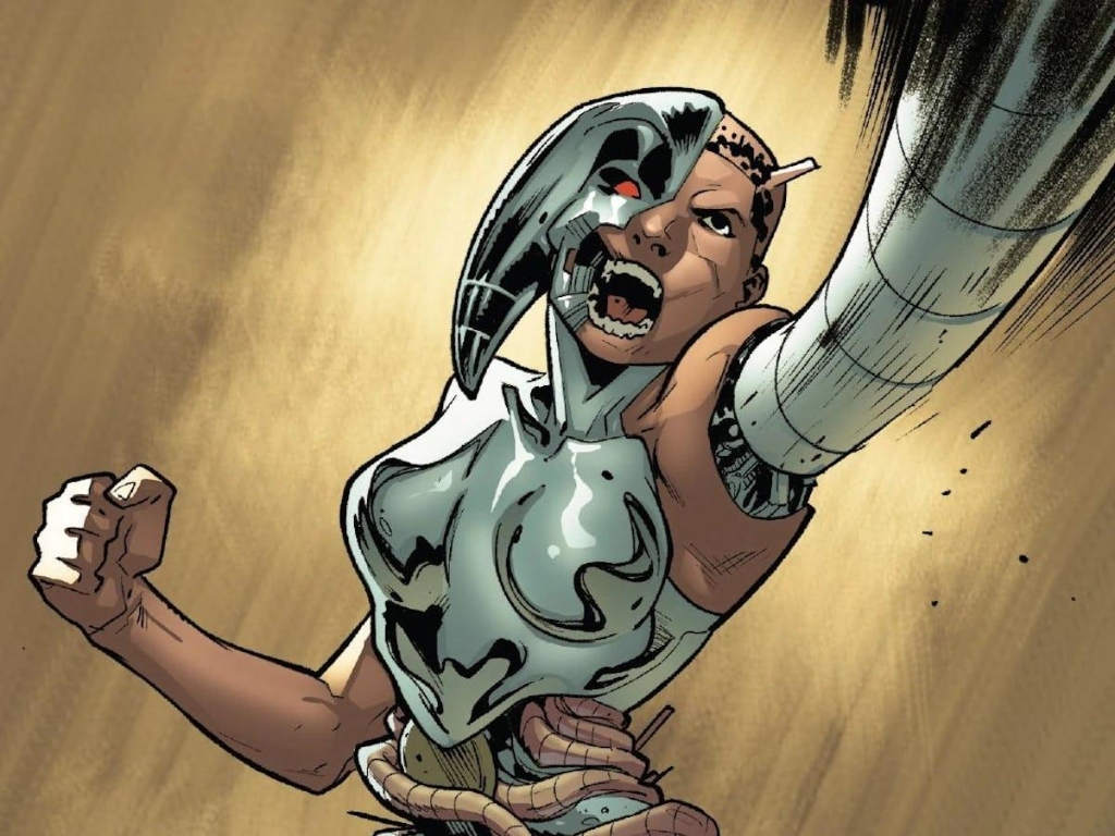 Jocasta battle damaged in Marvel Comics revealing synthetic cybernetic skeleton