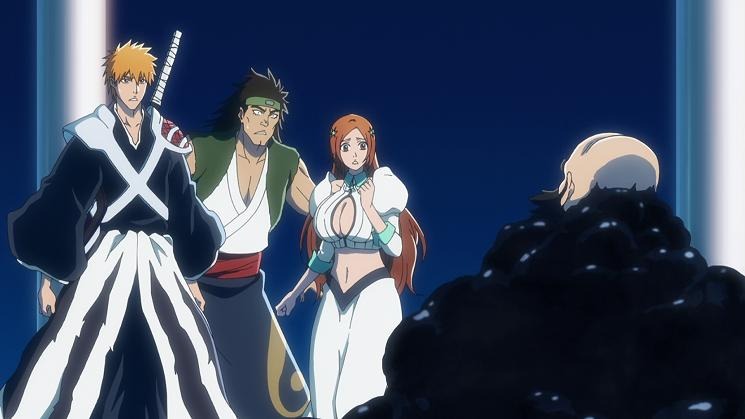 Ichigo, Orihime, and Ganju confronting Yhwach black slime in Bleach TYBW