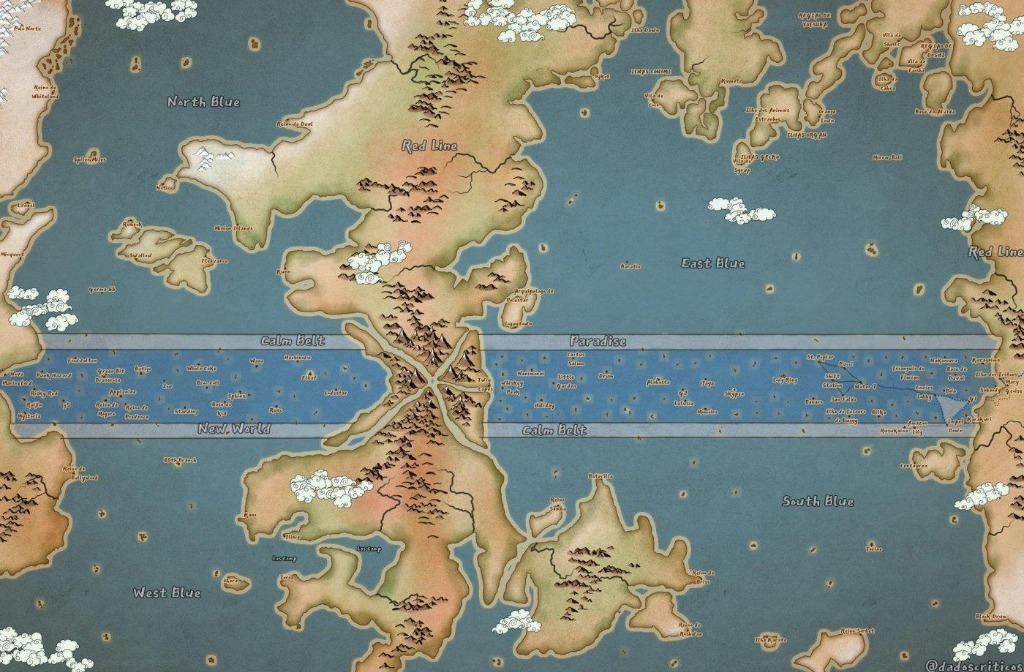 Full One Piece world map showing the Red Line, Grand Line, and the four Blue Seas