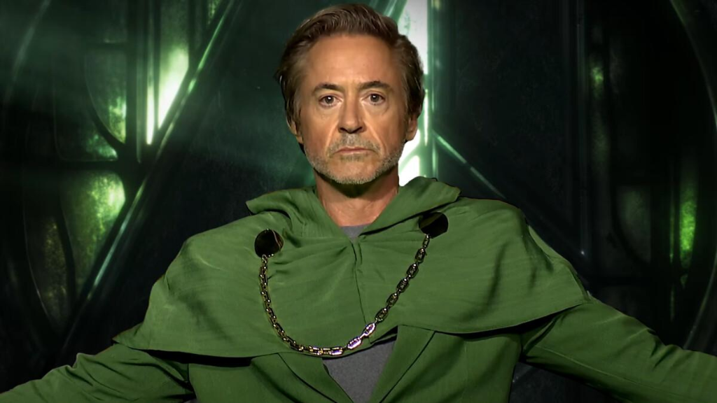 Robert Downey Jr unmasked in green cloak as Doctor Doom