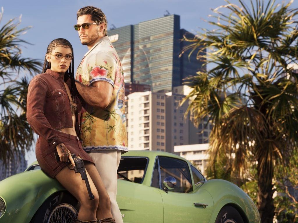 GTA 6 Jason and Lucia portrait by car with palm trees