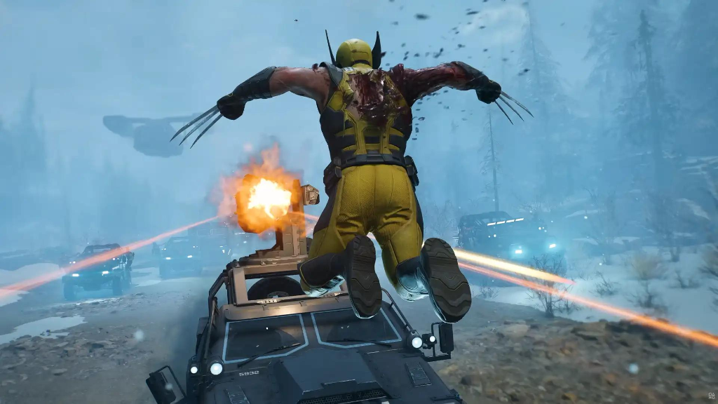 Wolverine leaping through a snow-covered military convoy