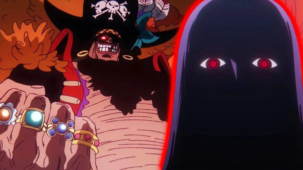 Marshall D. Teach Blackbeard showing ringed fists grinning alongside Imu shadowy silhouette