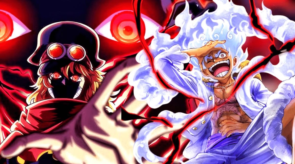 Luffy Sun God Nika Gear 5 laughing with Sabo as Imu's giant red eyes loom in shadows
