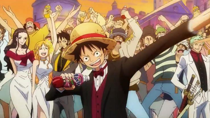Monkey D. Luffy in formal suit celebrating with Straw Hats, Trafalgar Law, and a cheering worldwide crowd