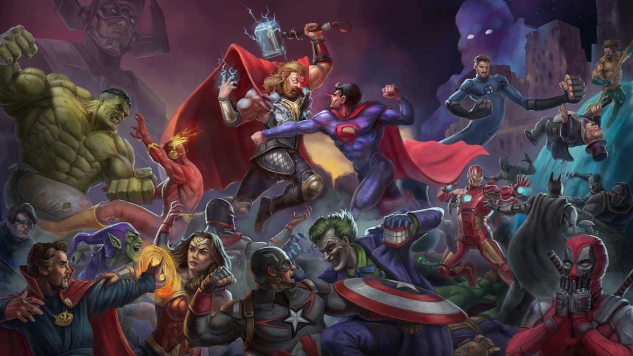 Crowded Marvel and DC Multiverse comic clash representing franchise overload