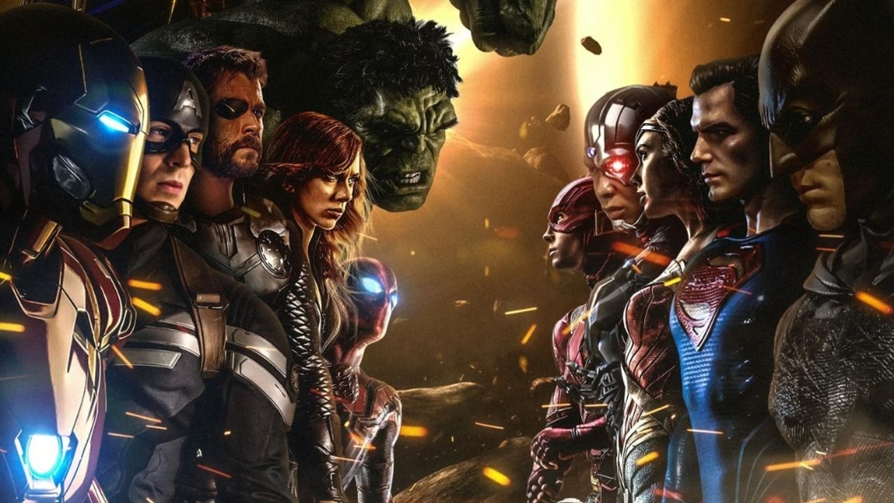 Marvel Avengers and DC Justice League cinematic rosters facing off in a crowded superhero landscape
